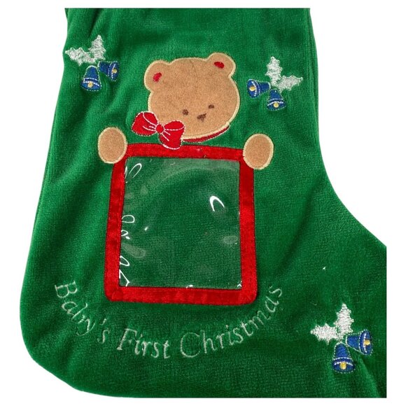 Babys First Christmas Stocking Green Sock With Bear Applique & Photo Holder 10” - Picture 2 of 4
